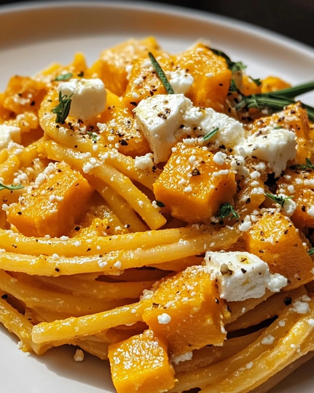 Aromatische Pasta mit Kürbis, Feta-Creme und Knoblauch