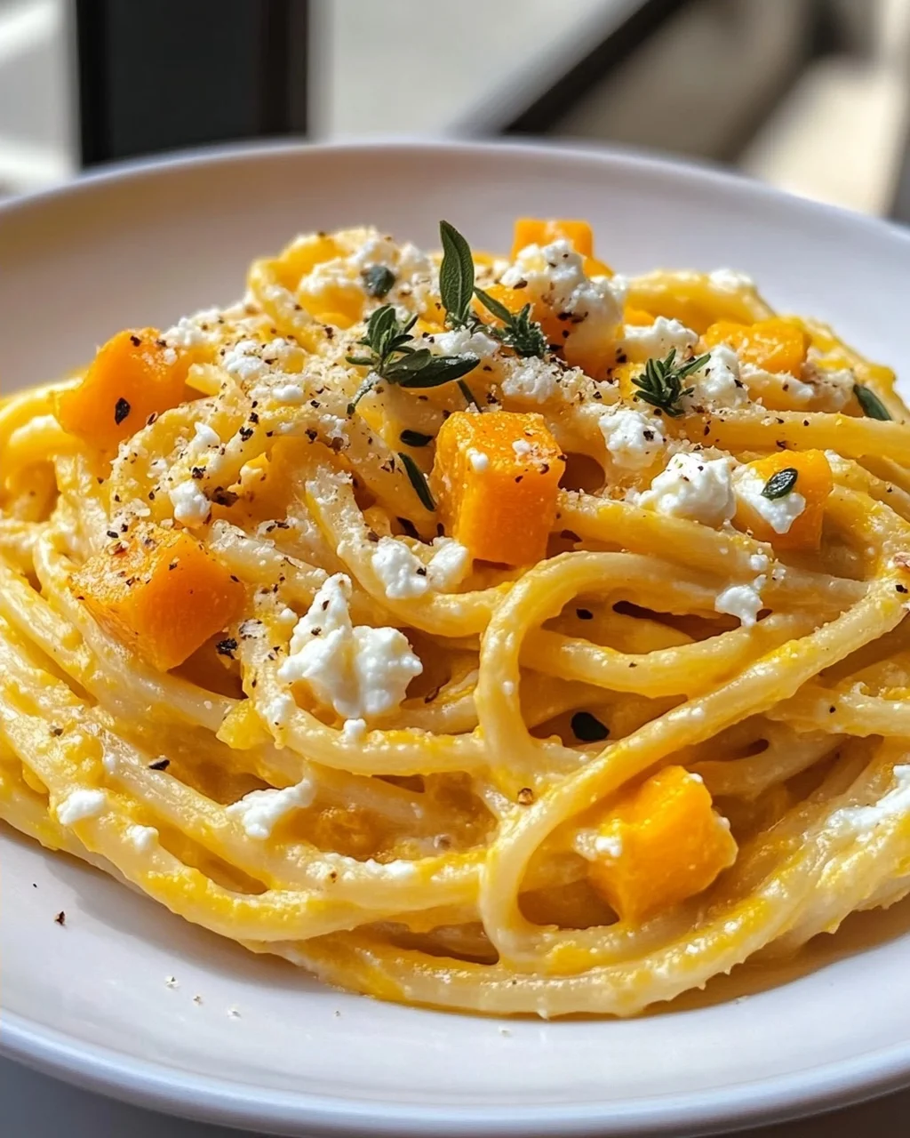 Aromatische Pasta mit Kürbis, Feta-Creme und Knoblauch