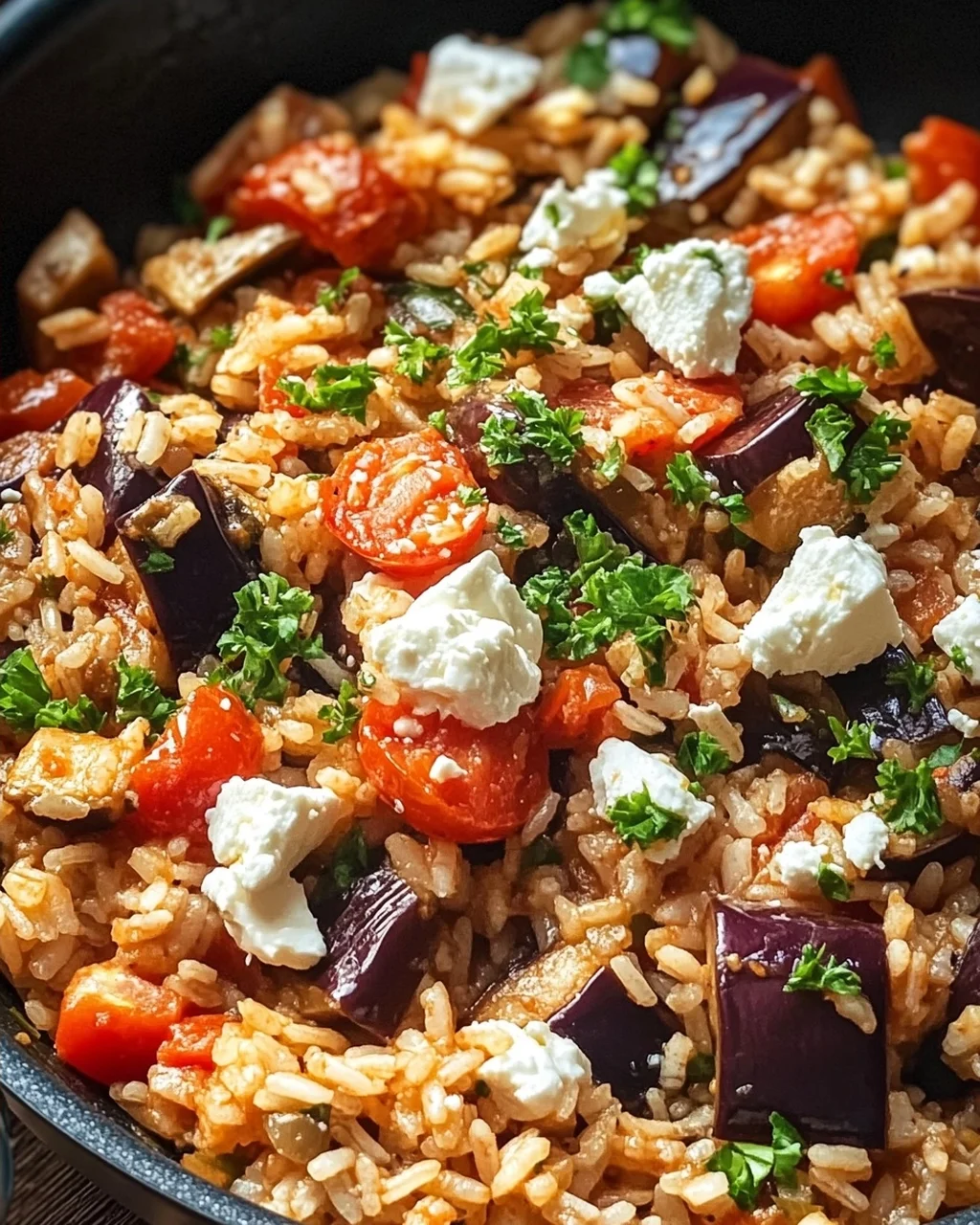 Auberginen-Reispfanne mit Feta