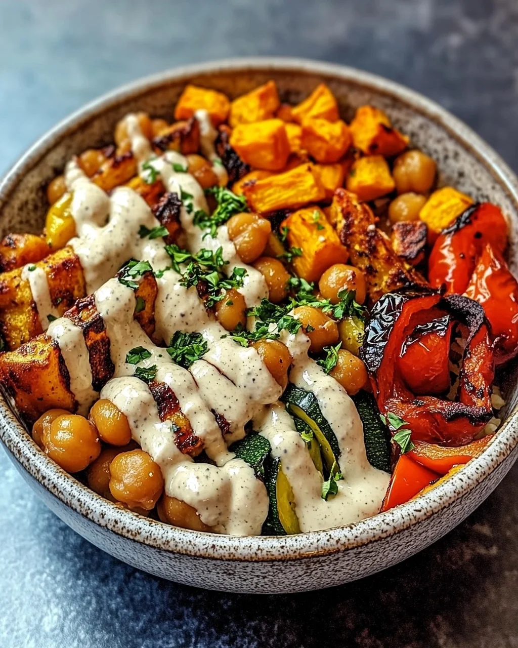 Bowl mit geröstetem Gemüse und Kichererbsen mit Tahini-Dressing
