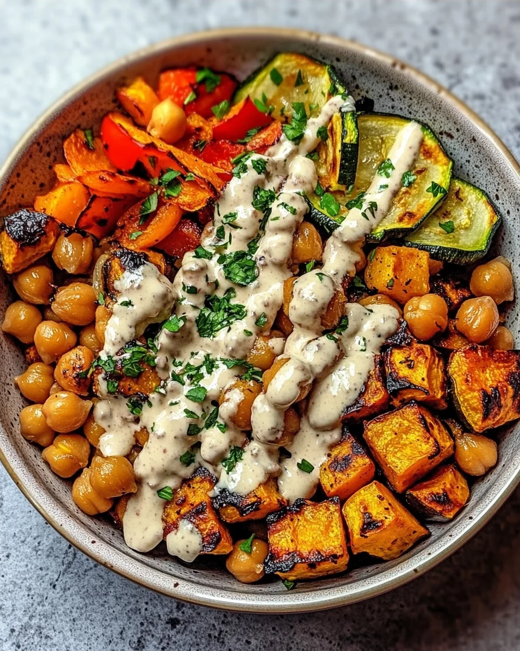 Bowl mit geröstetem Gemüse und Kichererbsen mit Tahini-Dressing