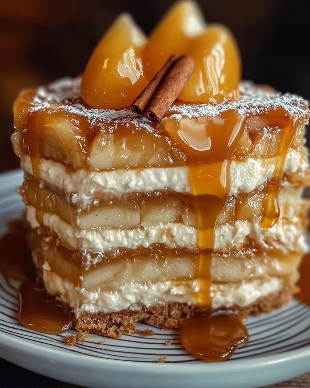 Bratapfeltorte mit Orangen-Zimt-Creme und Karamell-Drip