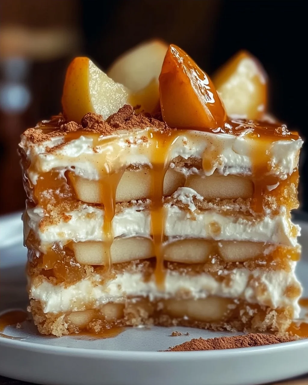 Bratapfeltorte mit Orangen-Zimt-Creme und Karamell-Drip