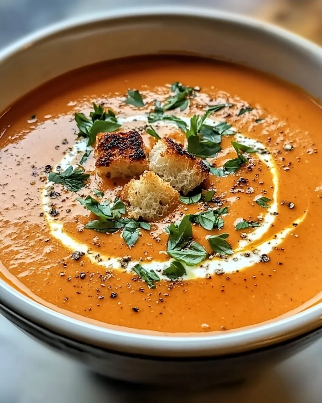 Cremige geröstete rote Paprika Gouda Suppe genießen