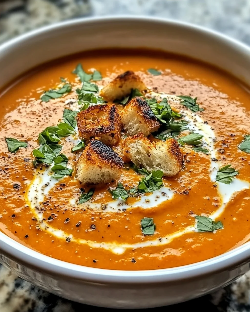 Cremige geröstete rote Paprika Gouda Suppe genießen