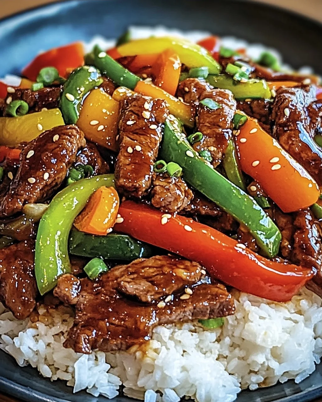 Ein Pfannengericht Teriyaki Rindfleisch mit Reis