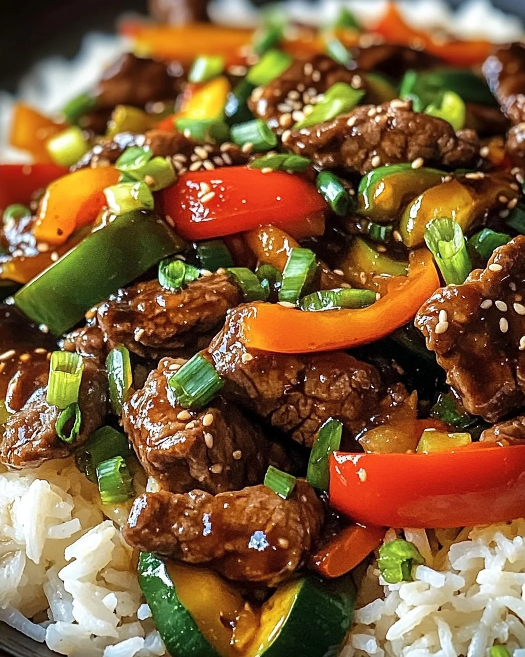 Ein Pfannengericht Teriyaki Rindfleisch mit Reis