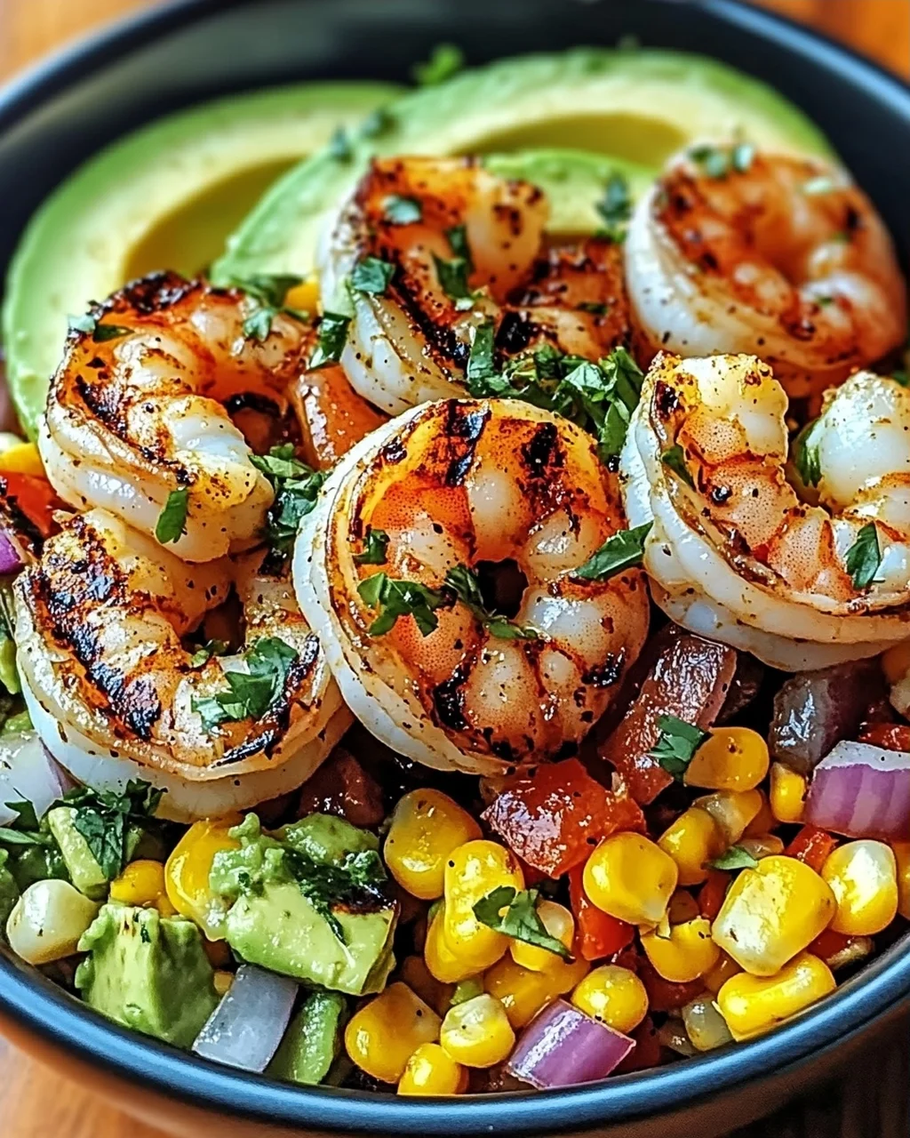 Gegrillte Garnelen-Schüssel mit Avocado & Mais-Salsa