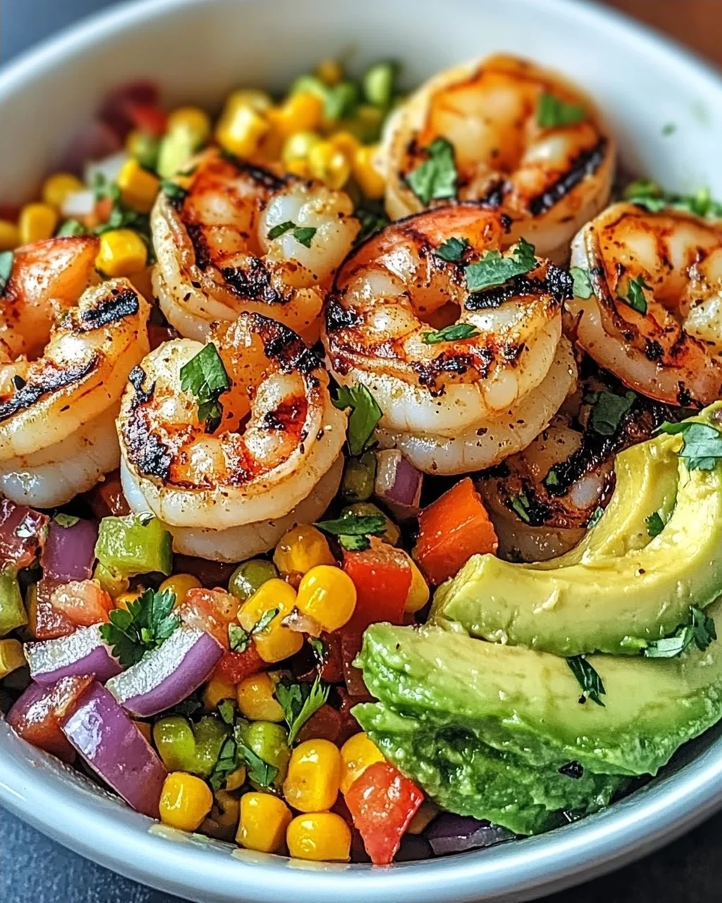 Gegrillte Garnelen-Schüssel mit Avocado & Mais-Salsa