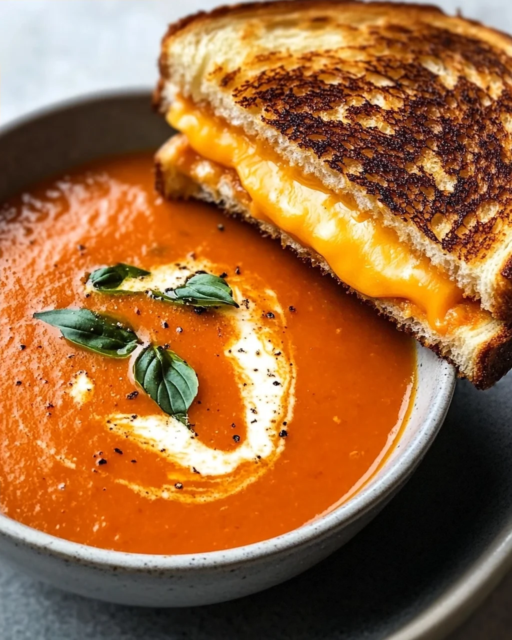 Geröstete Tomatensuppe und Gegrilltes Käsebrot