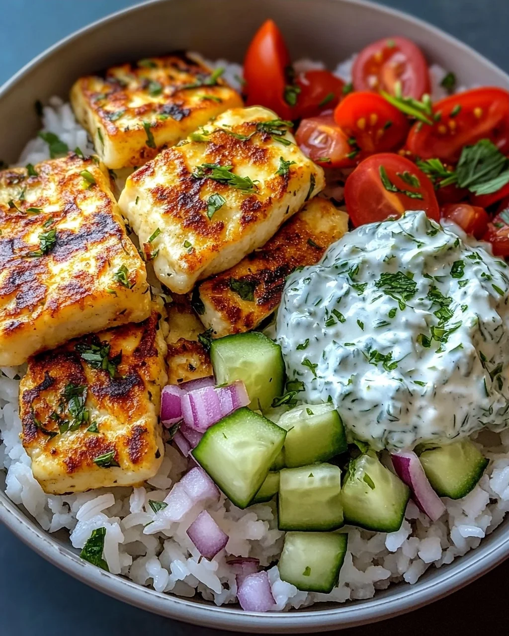 Halloumi Bowl mit Reis und Tzatziki – Lecker und Gesund!