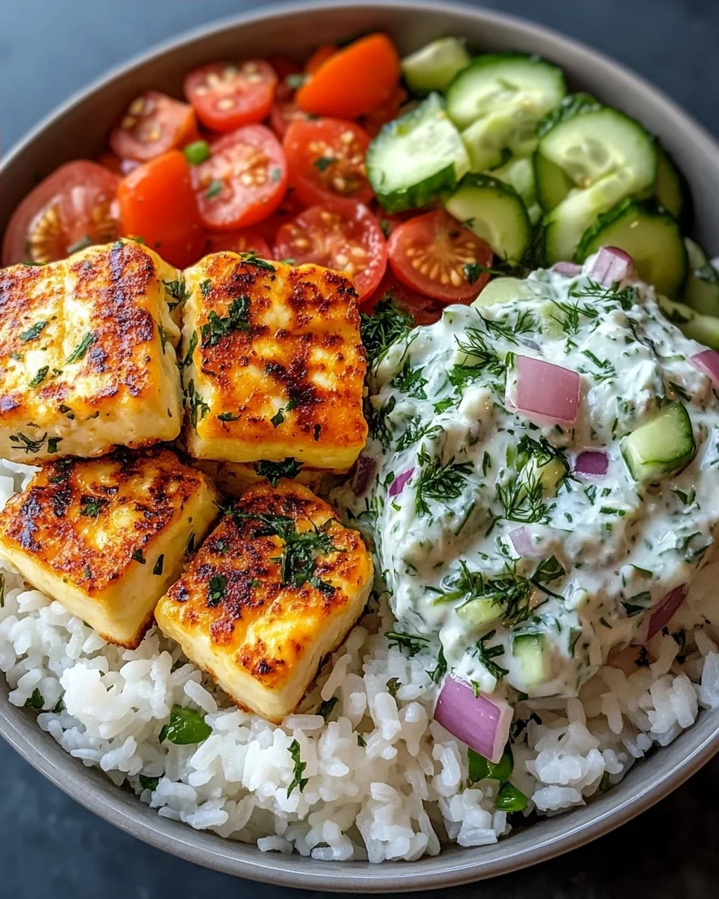Halloumi Bowl mit Reis und Tzatziki – Lecker und Gesund!