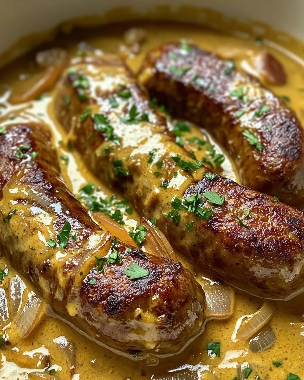 Herzhafte Rinderbratwurst in cremiger Zwiebel-Curry-Sauce