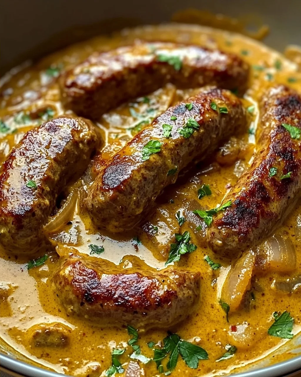 Herzhafte Rinderbratwurst in cremiger Zwiebel-Curry-Sauce