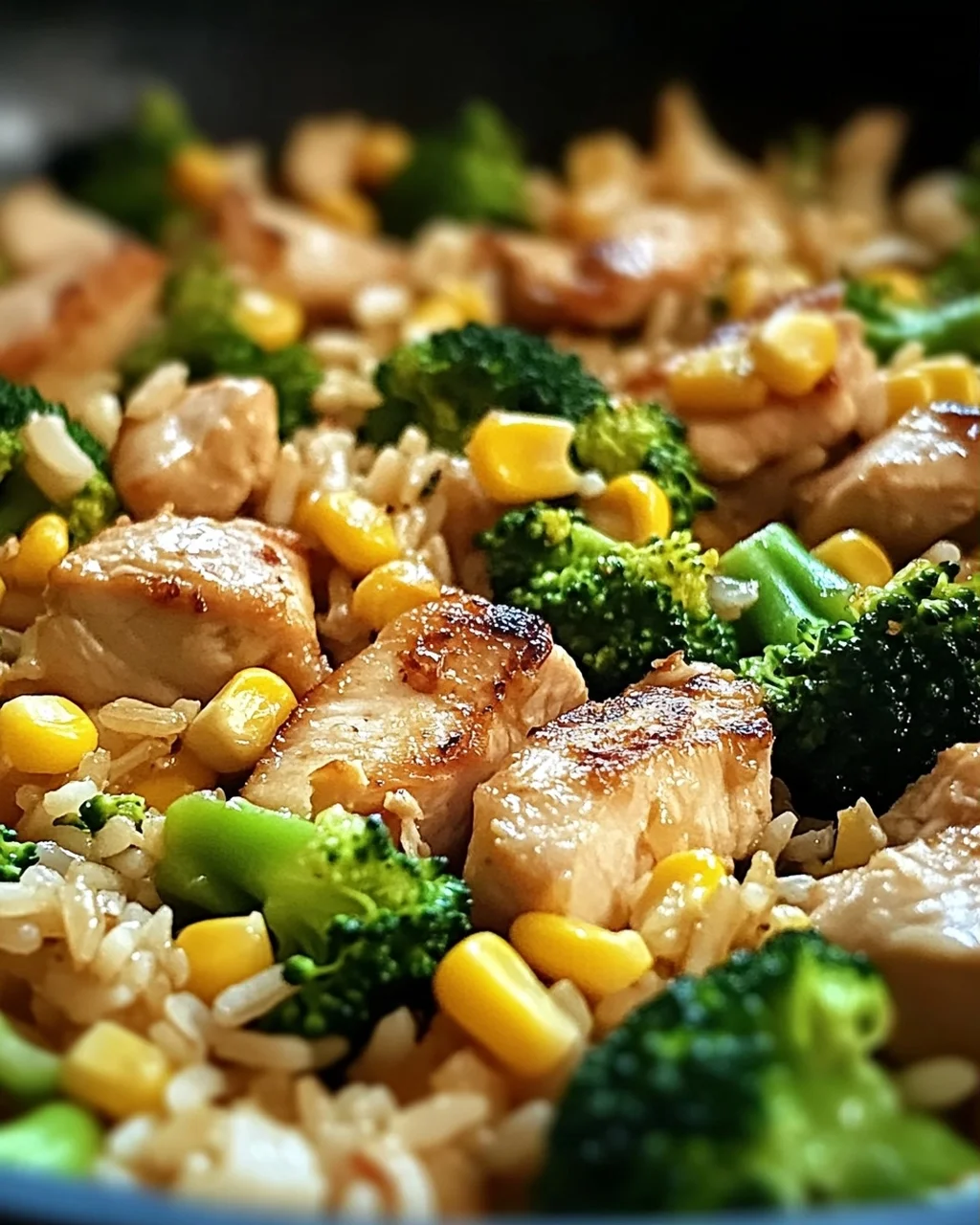 Hühnchen-Reis-Pfanne mit Brokkoli und Mais für Genusssieger
