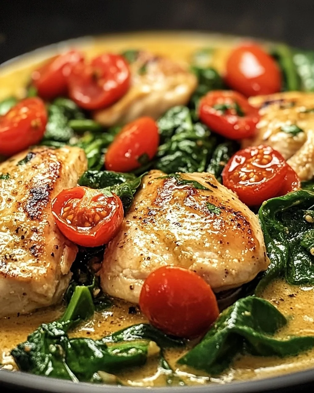 Keto Hähnchen-Spinat-Tomaten-Pfanne