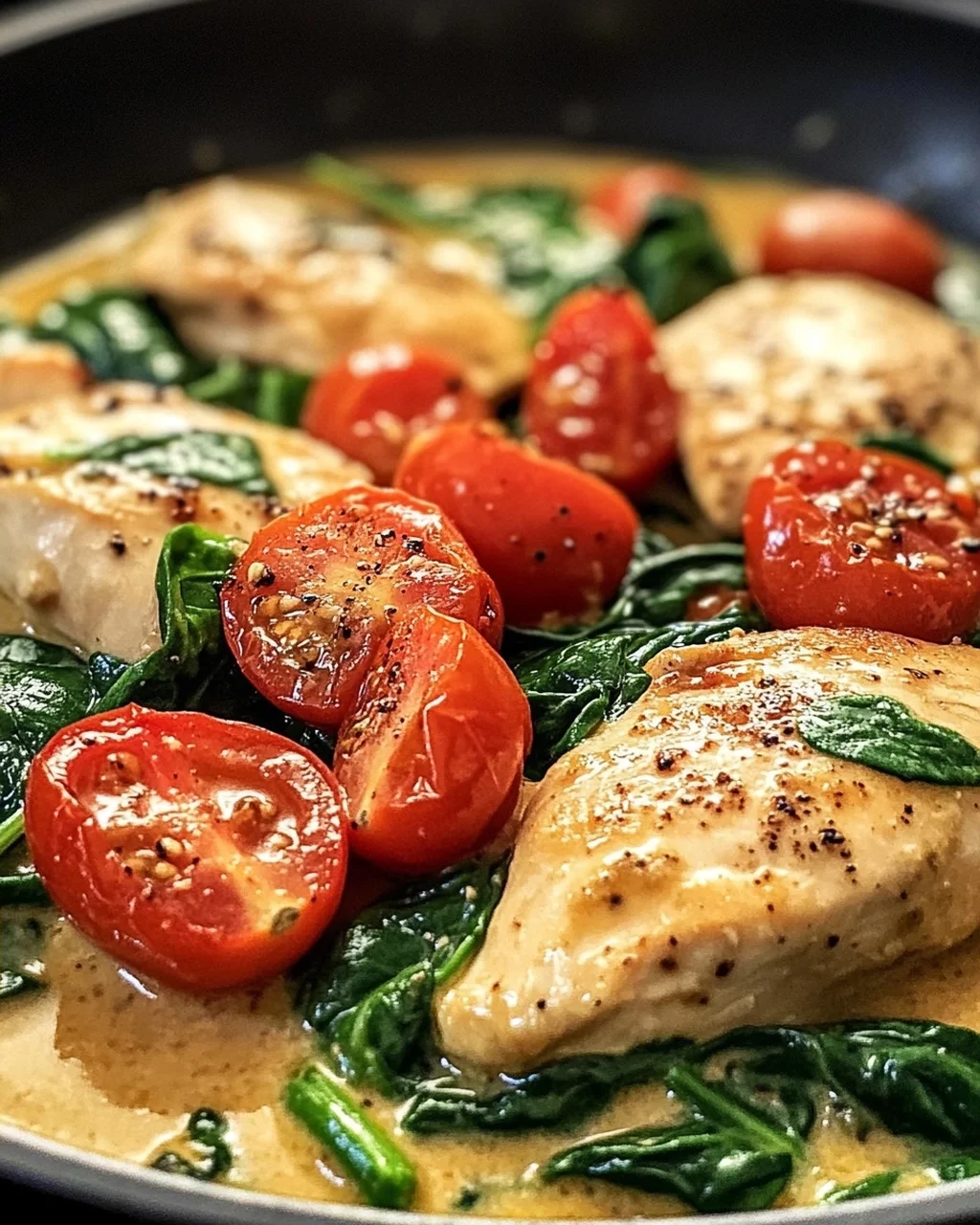 Keto Hähnchen-Spinat-Tomaten-Pfanne