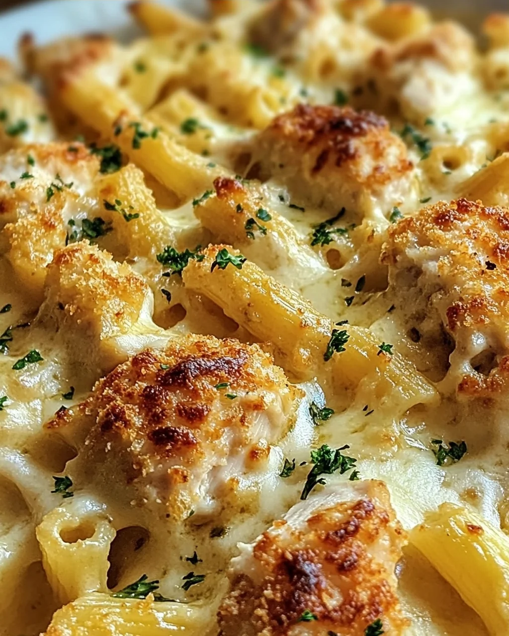 Knuspriger Nudel-Hähnchen-Auflauf mit Knoblauch und Parmesan