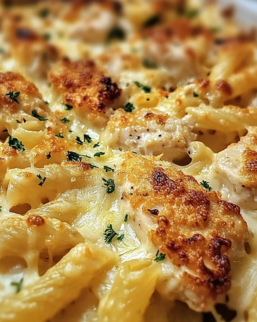 Knuspriger Nudel-Hähnchen-Auflauf mit Knoblauch und Parmesan