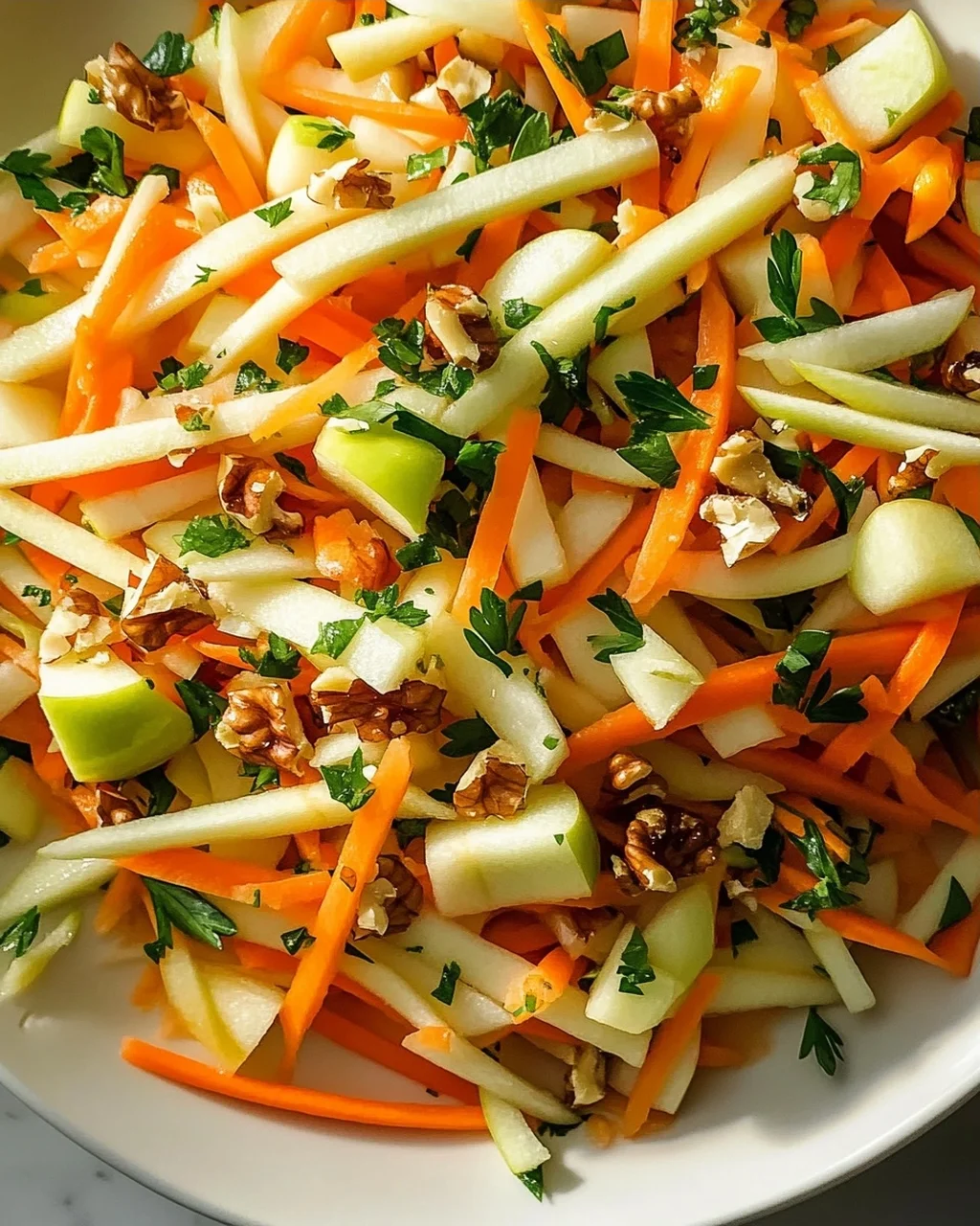 Kohlrabi Karotten Apfel Salat mit Nüssen & frischen Kräutern