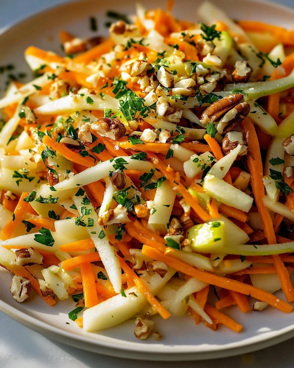 Kohlrabi Karotten Apfel Salat mit Nüssen & frischen Kräutern