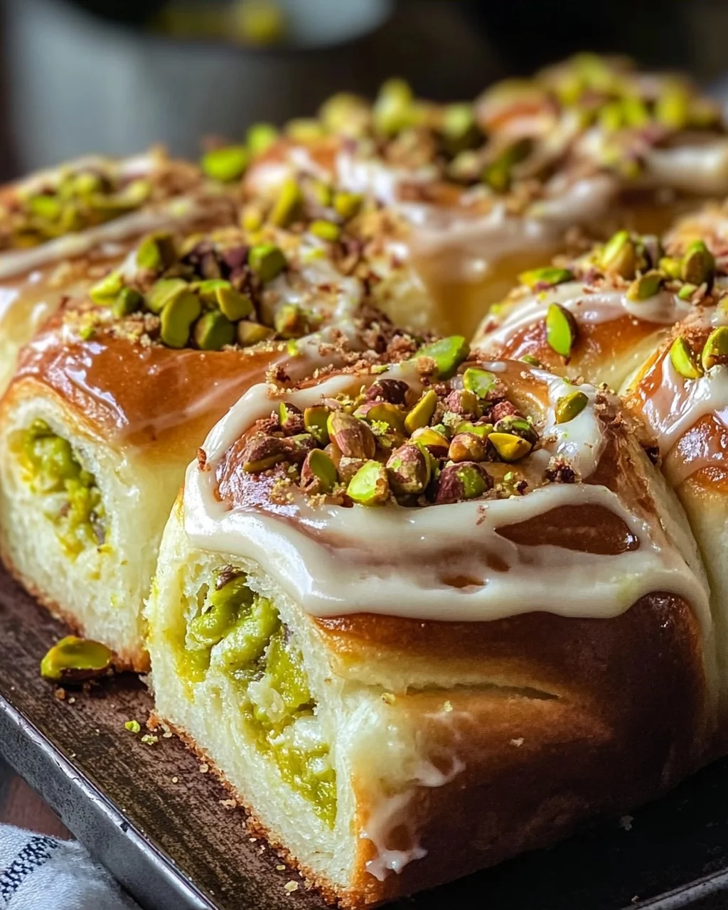 Lockere Pistazien-Heferollen mit Orangen-Frischkäse-Frosting