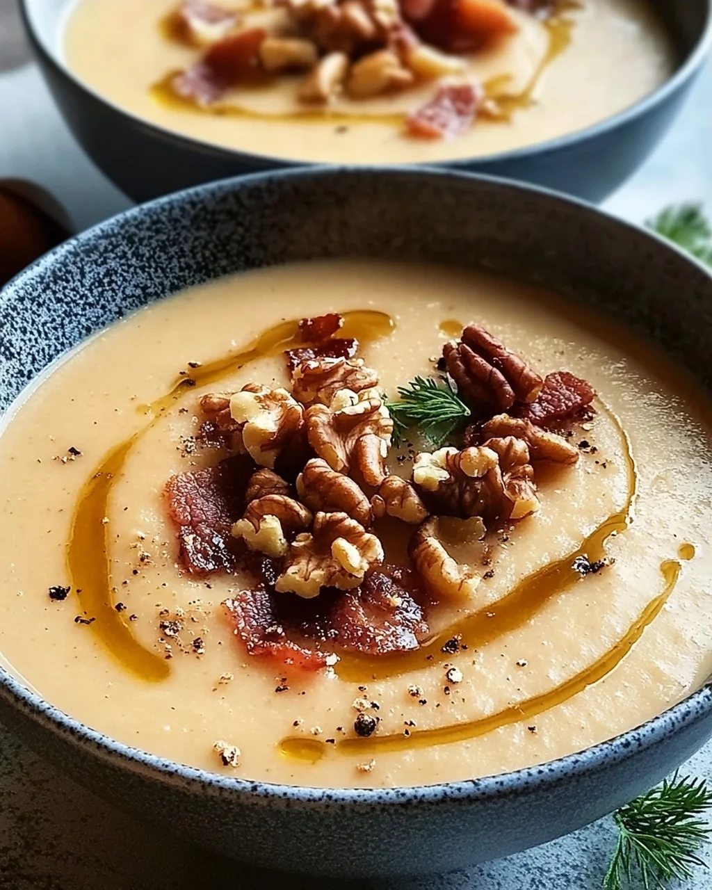 Maronensuppe mit karamellisierten Nüssen und Speck