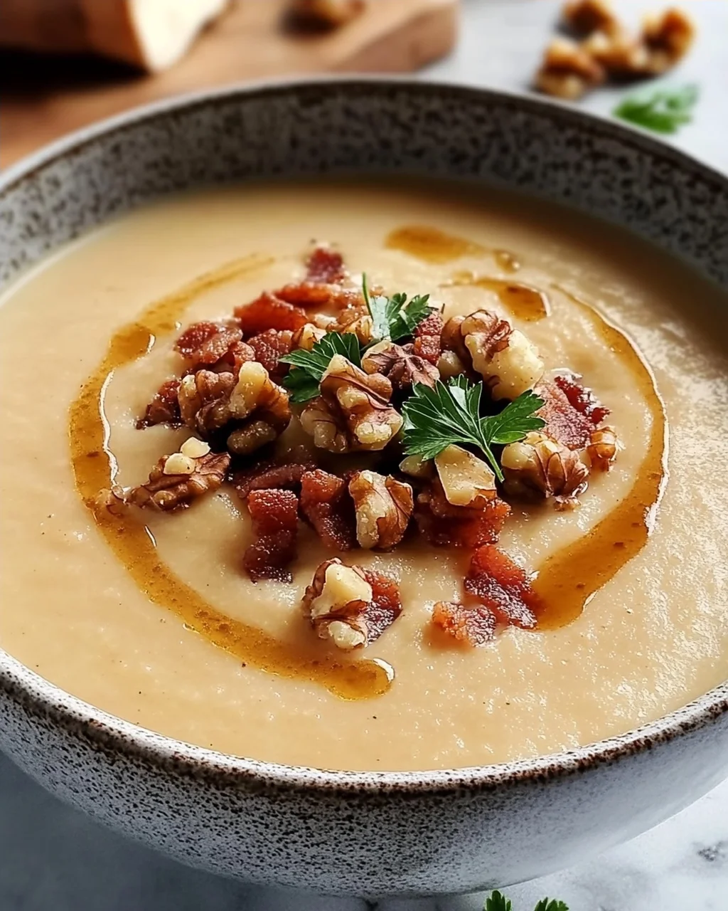 Maronensuppe mit karamellisierten Nüssen und Speck