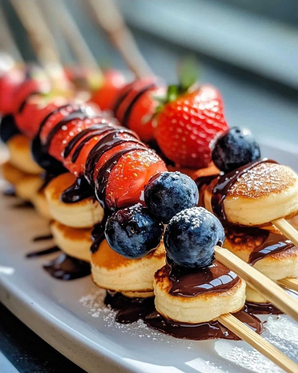 Mini Swedish Pancake Skewers with Chocolate Drizzle