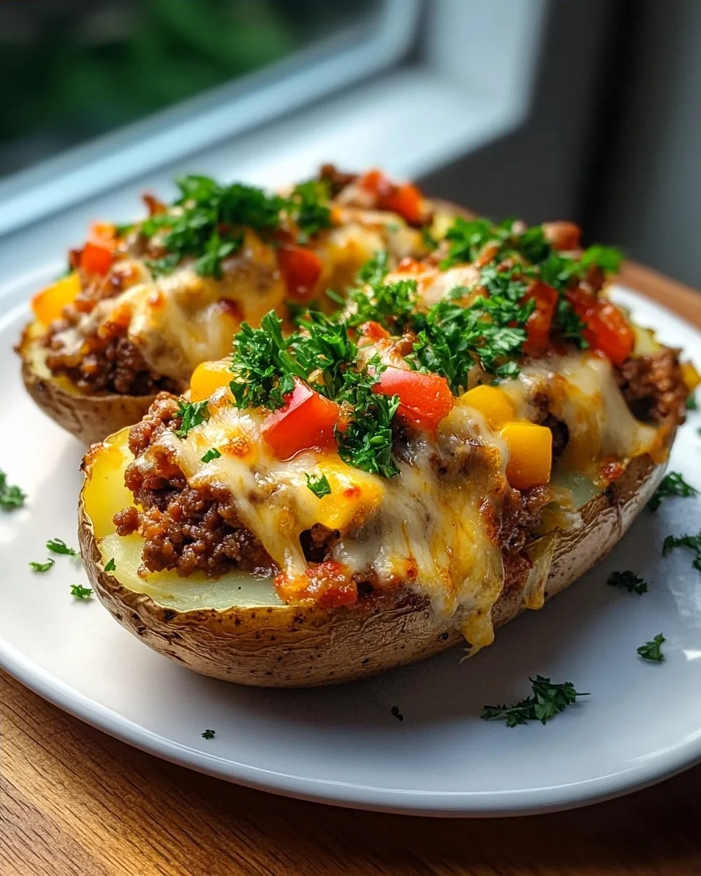 Ofenfrische Kartoffeln mit Hack und Käse