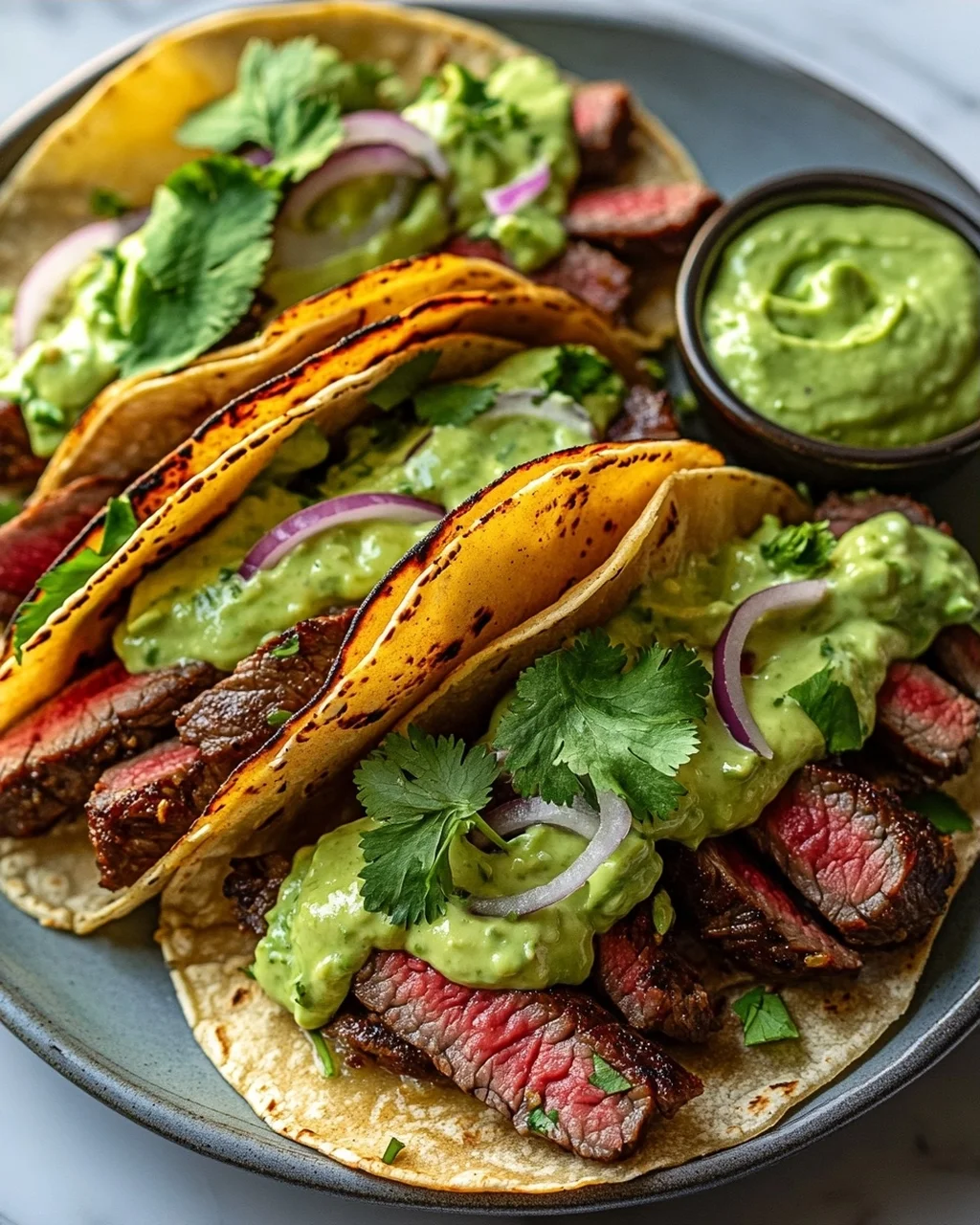 Saftige Flank Steak Tacos mit Avocado-Limetten-Crema