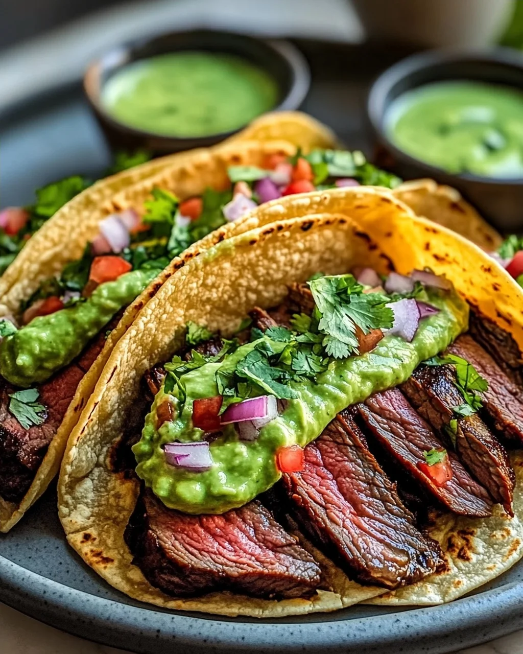 Saftige Flank Steak Tacos mit Avocado-Limetten-Crema
