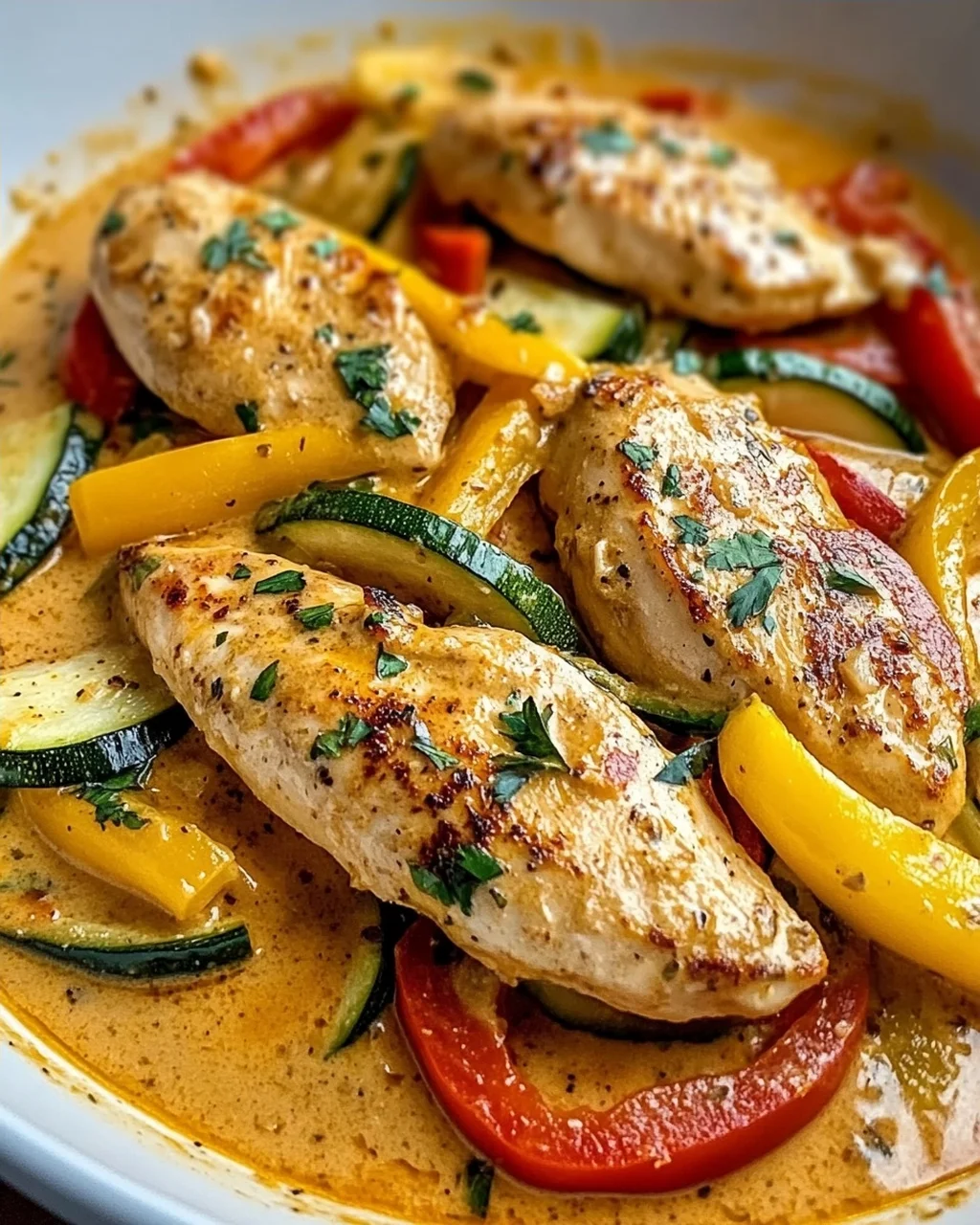 Sahne-Hähnchen mit Paprika und Zucchini – Genuss pur!