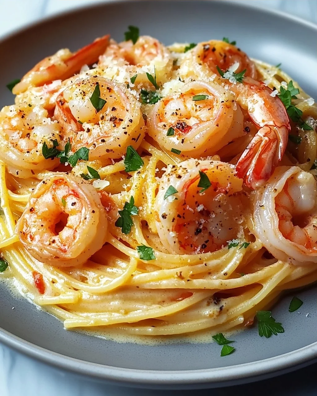 Spaghetti mit Garnelen in Knoblauch-Sahnesauce