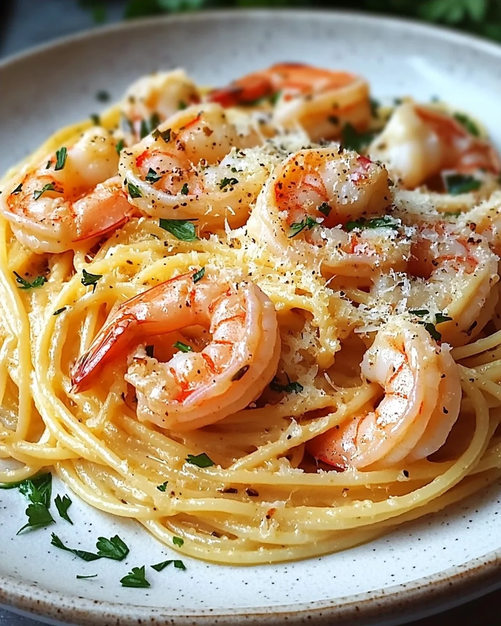 Spaghetti mit Garnelen in Knoblauch-Sahnesauce