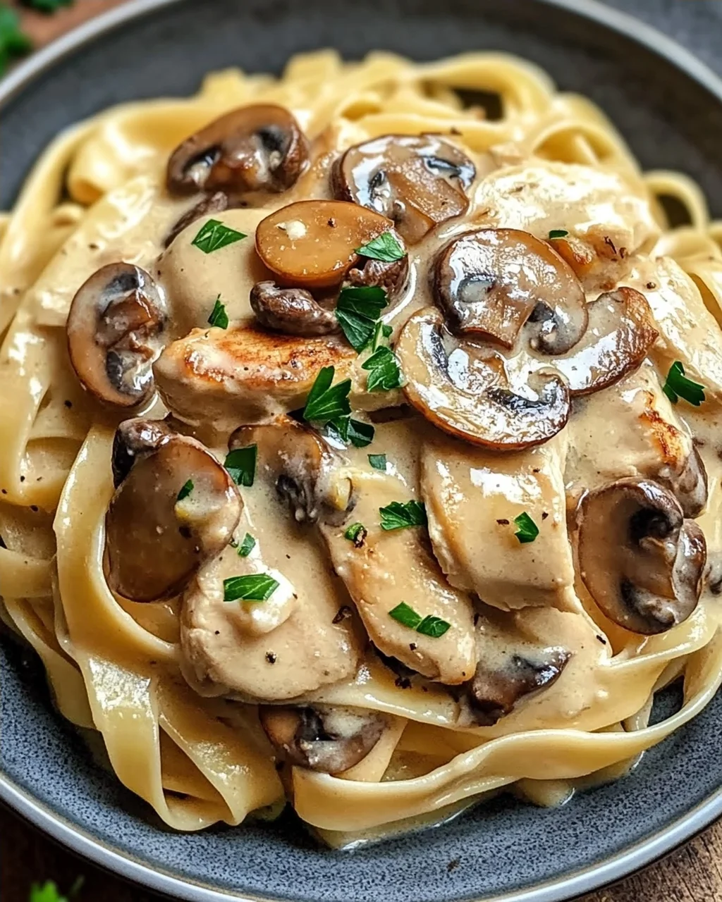 Tagliatelle mit Pilzen und Huhn in Sahnesoße